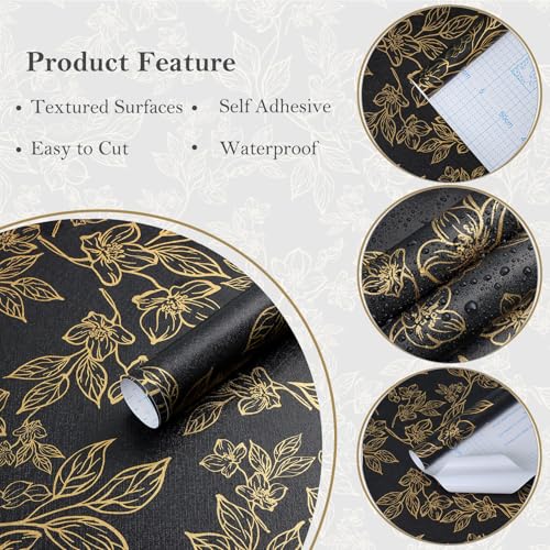 Ismoon Dark Floral Peel Stick Wallpaper Black Gold Wallpaper 17.3x78.7in - color: Black/Gold, size: 17.3" x 78.7"