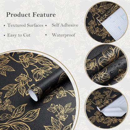 Ismoon Dark Floral Peel Stick Wallpaper Black Gold Wallpaper 17.3x78.7in - color: Black/Gold, size: 17.3" x 78.7"