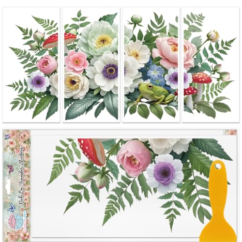GLOBLELAND 4 Sheets Green Fern Flowers Rub on Transfer Sticker for Furniture 12x6inch Colorful Mushroom Transfer Decals UV Self-Adhesive Stickers for Bedroom Room Wardrobe Table Decor - style: Frog Flowers