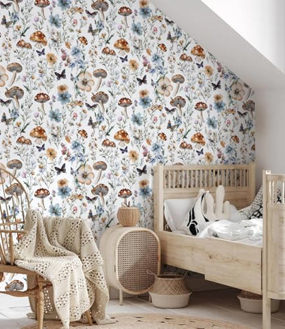 Froluya Mushroom Wallpaper Peel and Stick Boho Contact Paper 16.9" x 118.1" - color: White, size: 16.9" x 118.1"