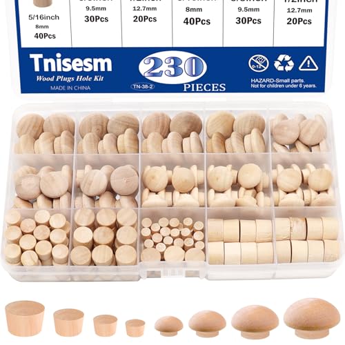 Tnisesm 230Pcs Wood Plugs 1/2" 3/8" 5/16" 3/16" Hole Plugs Button Plugs 2 Styles Button Screw Covers Assortment Kit Mushroom & Flush Wood Caps - color: 230pcs-cone&mushroom Shaped