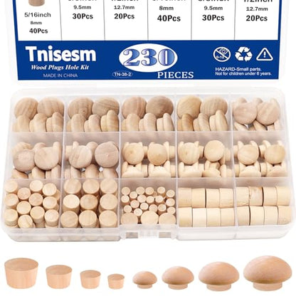 Tnisesm 230Pcs Wood Plugs 1/2" 3/8" 5/16" 3/16" Hole Plugs Button Plugs 2 Styles Button Screw Covers Assortment Kit Mushroom & Flush Wood Caps - color: 230pcs-cone&mushroom Shaped