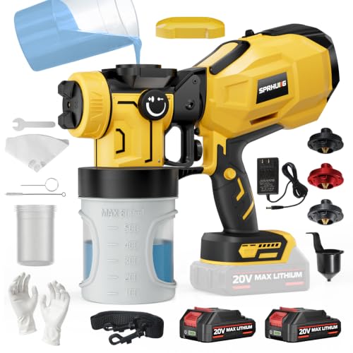 Cordless Paint Sprayer with 2×2000mAh Batteries, 1200W HVLP Spray Gun with 3 Brass Nozzles & 5 Reusable Cups, Electric Sprayer for Furniture, Cabinets, Walls, Fence, and House Painting Yellow - color: Yellow