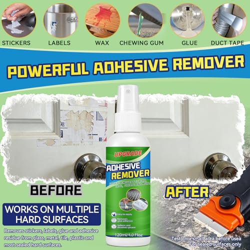 Adhesive Remover Spray Kit, 4 fl oz Sticker Remover for Labels, Glue, Residue, Tape, Decals, Fast Acting Glue Remover Includes Scraper and 10 Extra Plastic Razor Blades for Home, Car, Glass, Metal
