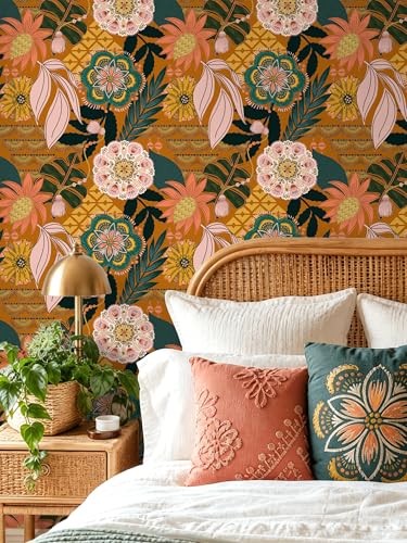 Floralplus Wallpaper Peel and Stick Renter Friendly Textured Wallpaper Boho - color: Orange