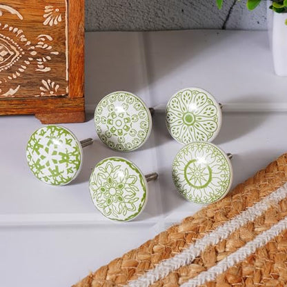 Ajuny 10 Green White Ceramic Cabinet Knobs Printed Drawer Pull Handles Set - color: Green-White