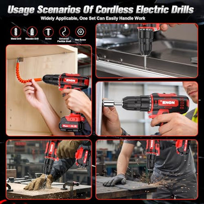 ENON Cordless Drill Set,12V Power Drill Set with Battery and Charger, Electric Driver/Drill Bits, 3/8'' Keyless Chuck,25+1 Torque Setting, 270 inch-lbs, with LED Electric Drill Set
