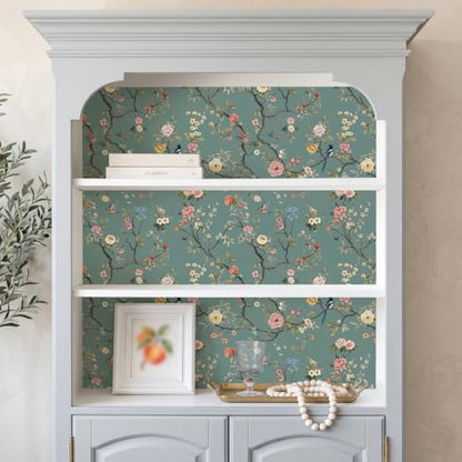 CHIHUT Bird Floral Wallpaper Peel and Stick Chinoiserie Contact Paper - color: Dusty Teal Blue, size: 17.7" x 236"