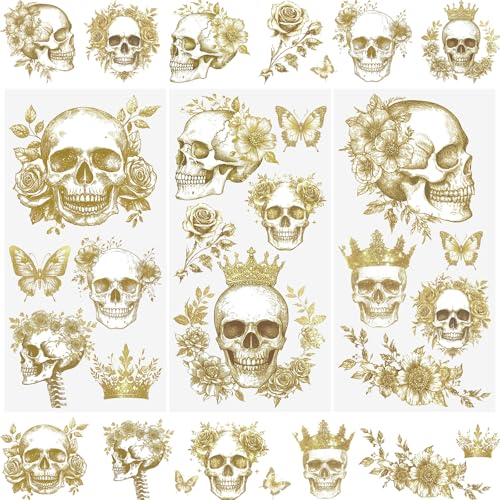 WANDIC 3 Sheets Rub on Transfers Stickers, Skeleton Flowers Pattern Waterproof Decals Furniture Decorative for DIY Postcard Scrapbooking,15 * 30cm - color: Golden Skull Flower