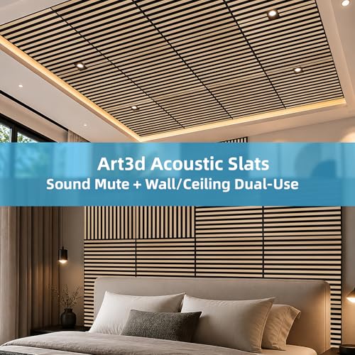 Art3d 6-Pack Acoustic Wood Slat Panel & Ceiling Tile, 2 x 2 ft, Natural Oak - color: Natural Oak, size: 24 x 24 inch