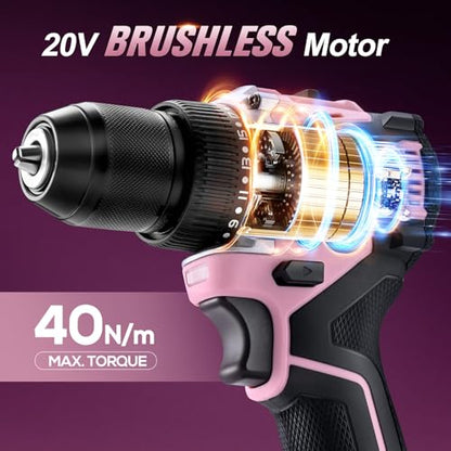20V Brushless Cordless Drill Set (2-Piece) - Compact Power Drill Driver with 2.0Ah Battery, Power Drill Set with Battery and Charger & 3/8" Keyless Chuck,Pink - color: Pink 2-piece Set