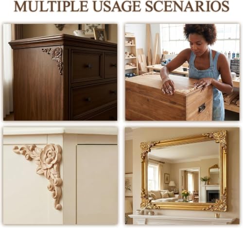 10Pcs Decorative Wood Carved Applique Corner Onlay Decorative Wood Applique DIY Wooden Carved Corner Unpainted Decals Wall Stickers Murals