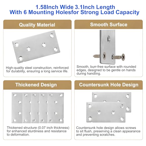 20Pack Stainless Steel Flat Bracket Mending Plate,Stainless Steel Mending Joining Plates，Heavy Duty Flat Bracket Metal Mending Plates for Wood, Shelves, Furniture, Cabinet ,3.15X1.57X0.08IN - size: 20Pack-3Inch