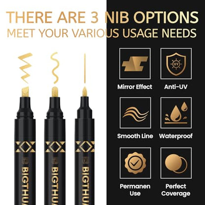 BIGTHUMB 3Pcs Liquid Chrome Paint Markers, Gloss Mirror Marker, Oil-based Permanent Chrome Maker, Reflective Metallic Pen Markers for Repairing, Model Painting DIY Art Projects, Gold - style: 3PCS Gold