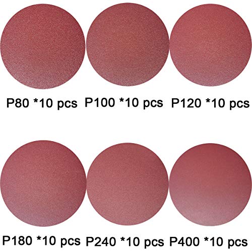 Premium 60 PCS 6" PSA Sanding Discs - 10 Each of 80 100 120 180 240 400 Grit - 6 Inch Self Adhesive Stickyback Sandpaper Discs for DA Sander, Sand Automotive Car Paint, Woodworking Wood, Metal