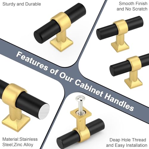 Black Brass Cabinet Knobs Single Hole T Bar Drawer Pulls 10 Pack - color: Black with Brushed Brass Base, size: Single Hole-2inch Length