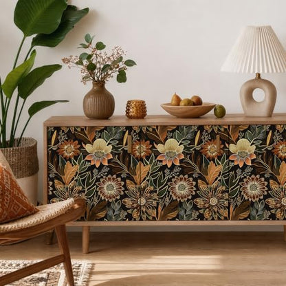 Laatse Boho Dark Black Gold Floral Wallpaper Peel and Stick 17.5"x787" - color: Black/Brown, size: 17.5" x 787"