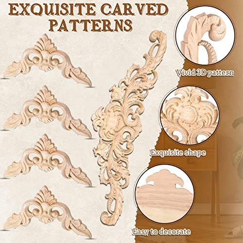 5 Pieces Decorative Wood Onlays and Appliques for Furniture - DIY Carved Trim Appliques for Bed, Door, Cabinet, Wardrobe - 15.7 x 4.3 inch, 4.72 x 4.72 inch