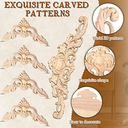 5 Pieces Decorative Wood Onlays and Appliques for Furniture - DIY Carved Trim Appliques for Bed, Door, Cabinet, Wardrobe - 15.7 x 4.3 inch, 4.72 x 4.72 inch
