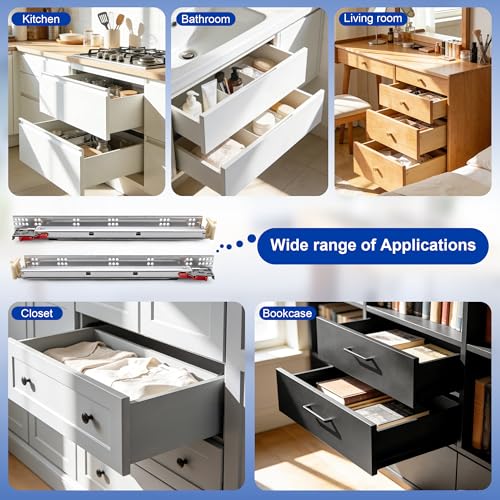 10 Pairs 18" Undermount Soft Close Drawer Slides, Bottom Mount Full Extension Drawer Slides, Zinc Plated Cold Rolled Steel 85 lb Load, Complete Mounting Hardware for Full Kitchen Cabinet Drawers Set - size: 18 Inch, style: Soft Close - 10 Pairs