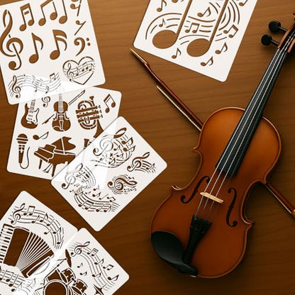 INFUNLY 6pcs Musical Instrument Stencil for Painting 11.8x11.8 Inches Reusable Music Note Stencils 8.3x11.7 inches Orchestra Stencils Drum Piano Drawing Template for Wood Canvas Wall Paper - style: Music theme