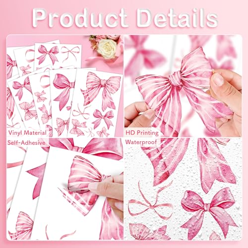 Pink Bow Wall Stickers, 8 Sheets 46 Pcs - color: Pink Bow
