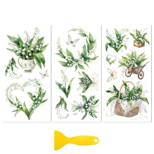 Peacoblue Rub on Transfer Decal Sticker for Furniture Craft Decor 6"x12" Lily of The Valley, 3Pcs Waterproof UV DTF Transfer for Drawer Dresser Glass Porcelain Wood Plastic - style: Lily of The Valley