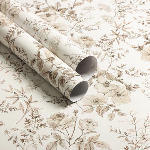 Erfoni Boho Floral Peel and Stick Wallpaper Beige Flower Leaf Contact Paper - color: Beige, size: 16.9" x 118"