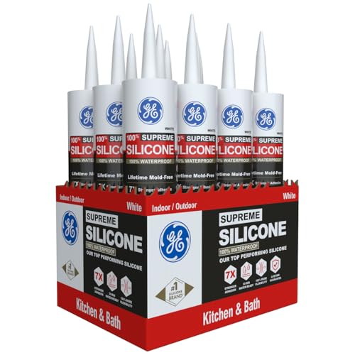 GE Supreme Silicone Caulk for Kitchen & Bathroom, White, 10 fl oz Cartridge, 12 Pack - 100% Waterproof Silicone Sealant, 7X Stronger Adhesion, Shrink & Crack Proof - color: White, size: Pack of 12
