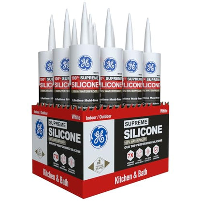 GE Supreme Silicone Caulk for Kitchen & Bathroom, White, 10 fl oz Cartridge, 12 Pack - 100% Waterproof Silicone Sealant, 7X Stronger Adhesion, Shrink & Crack Proof - color: White, size: Pack of 12