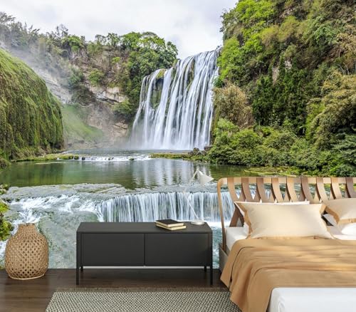 Majestic Green Forest Waterfall Landscape Peel and Stick Wallpaper - color: No.12, size: 80" x 61"