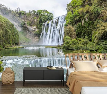 Majestic Green Forest Waterfall Landscape Peel and Stick Wallpaper - color: No.12, size: 80" x 61"