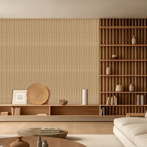 Peel and Stick Slat Wall Panel 118" x 15.7" – Self-Adhesive 3D Wood Grain Wall Panels, Waterproof PVC Fluted Paneling, Soundproof Faux Wood Wallpaper for Living Room Ceiling Decor (1 Rolls)