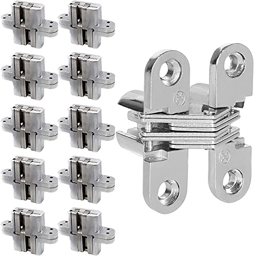 10 Packs Hidden Door Hinges 10 Pack Concealed Cross Hinge Invisible 180 Degree Hinges Swing Coss Invisible Hinge for Cabinets, 0.47'' Leaf Width, 1.7" Leaf Hight