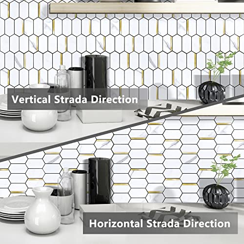 Vamos Tile Long Hexagon Peel and Stick Backsplash Tile - 10 Sheets Stick on Backsplash for Kitchen and Bathroom 12.4 x 12 Inch White Marble Look PVC Mixed Metal Gold Self Adhesive Mosaic Wall Tiles - color: ‎Statuary Marble Look with Gold Metal