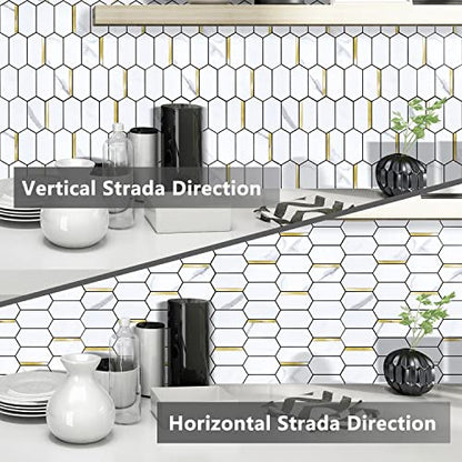 Vamos Tile Long Hexagon Peel and Stick Backsplash Tile - 10 Sheets Stick on Backsplash for Kitchen and Bathroom 12.4 x 12 Inch White Marble Look PVC Mixed Metal Gold Self Adhesive Mosaic Wall Tiles - color: ‎Statuary Marble Look with Gold Metal