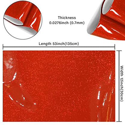 HYANG Holographic Mirror Fine Laser Flash Crystal Red PU Faux Leather 1 Roll 12"X53"(30cmX135cm), Faux Leather Very Suitable for Leather Earrings, Bows, Handbag ，Sewing ，Crafts Making - color: Red