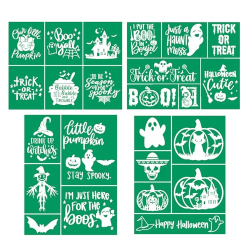 Halloween Reusable Self Adhesive Silk Screen Stencil 4pcs, Chalk Mesh Transfers Reusable Screen Printing Stencils Halloween Signs for Front Door, Farmhouse Wood Sign, Clothing, Wall DIY Home Decor - color: Halloween Stencils 4Pc