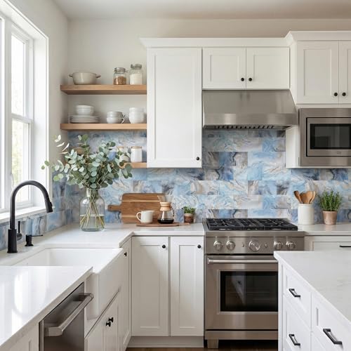 32 Sheets Blue Onyx Marble Look Peel & Stick Subway Tile 4"x8" - color: Blue Onyx Marble, size: 32 Pcs 4" x 8" x 0.07"