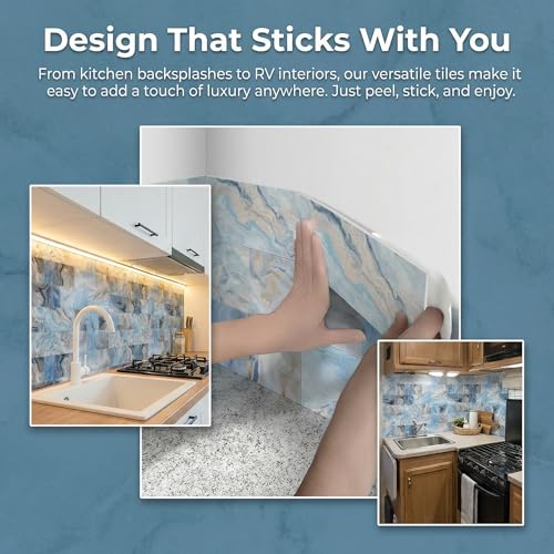 32 Sheets Blue Onyx Marble Look Peel & Stick Subway Tile 4"x8" - color: Blue Onyx Marble, size: 32 Pcs 4" x 8" x 0.07"