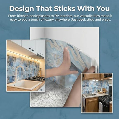 4 Sheets Blue Onyx Marble Look Peel & Stick Subway Tile 4"x8" - color: Blue Onyx Marble, size: 4 Pcs 4" x 8" x 0.07"