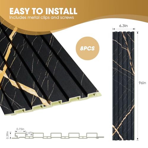 OUZUGIE WPC Acoustic Slat Wall Paneling, 8-Pack 96 x 6 Inches - color: Black marble, size: (Low)96“ x 6"
