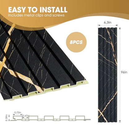 OUZUGIE WPC Acoustic Slat Wall Paneling, 8-Pack 96 x 6 Inches - color: Black marble, size: (Low)96“ x 6"