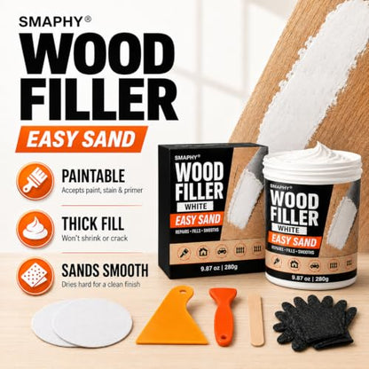 Wood Filler, Paintable & Sandable White Wood Putty for Hole & Crack Repair