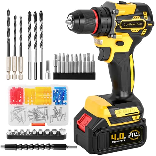 21V Cordless Brushless Power Drill Set with 4.0Ah Large Capacity Battery and Charger, 3/8-Inch Metal Keyless Chuck Electric Drill Driver, 25+1 Torque Setting, 2 Speed, 87pcs Drill kit for DIY Projects - color: Yellow