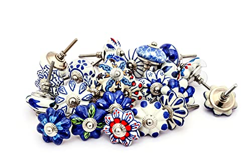JGARTS Set of 25 Hand Painted Ceramic Cabinet Knobs Blue and White Decorative Drawer Pulls for Dresser, Kitchen Cabinets, Wardrobe, Cupboard, Furniture & Home Decor