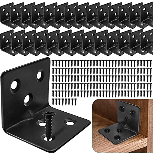 28 Black L Corner Brackets + 168 Stainless Steel Screws, Heavy Duty Angle Brackets for Shelves, Raised Beds, Tables & Cabinets - size: 28PCS, style: L Brackets