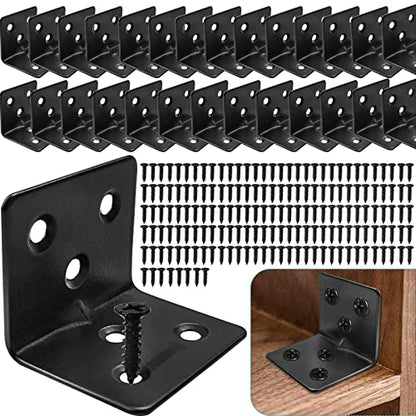 28 Black L Corner Brackets + 168 Stainless Steel Screws, Heavy Duty Angle Brackets for Shelves, Raised Beds, Tables & Cabinets - size: 28PCS, style: L Brackets