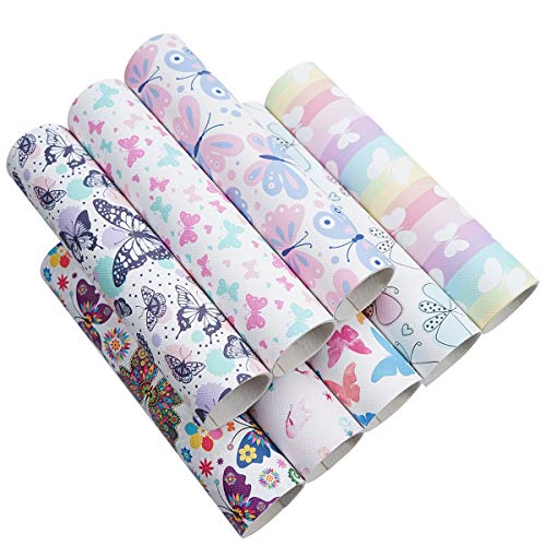 8 Pieces 8x12 Inch(21x30cm) Butterfly Pattern Printed Faux Leather Fabric Sheets Cotton Back for Leather Bows and Earrings Making, Each Pattern One Sheet, in Total 8 Sheets - color: Butterfly Pattern