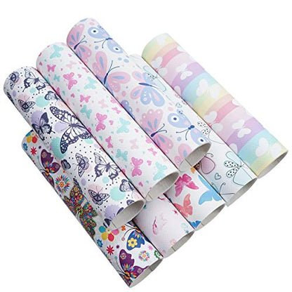 8 Pieces 8x12 Inch(21x30cm) Butterfly Pattern Printed Faux Leather Fabric Sheets Cotton Back for Leather Bows and Earrings Making, Each Pattern One Sheet, in Total 8 Sheets - color: Butterfly Pattern
